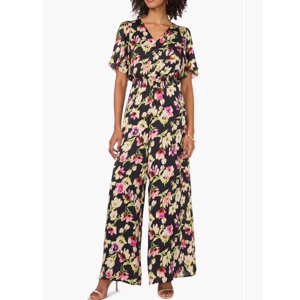 Vince Camuto Floral Flutter Sleeve Jumpsuit Rich Black Paradise Chic 91624930 XS
